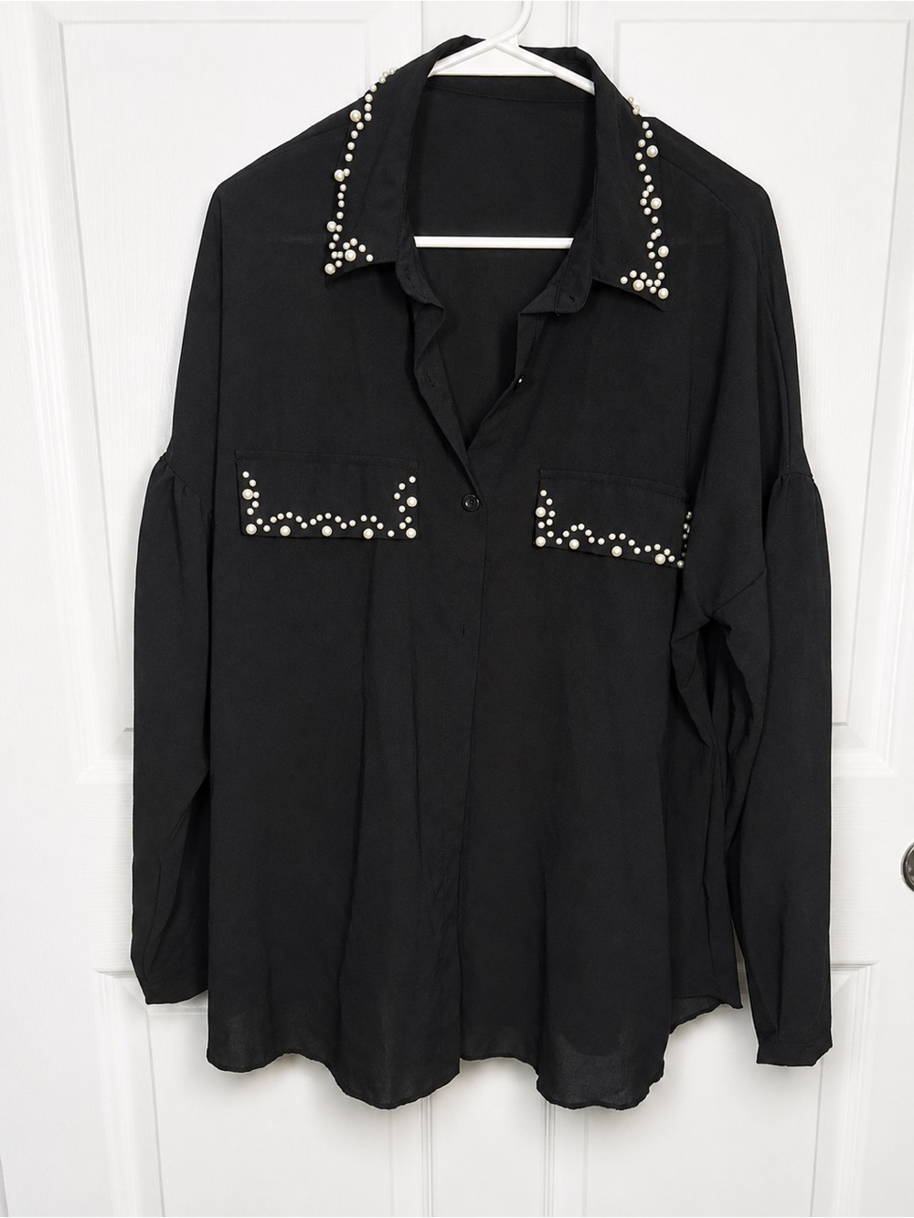 SHEIN Pearl Embellished Button Front Blouse Black Oversized Size L